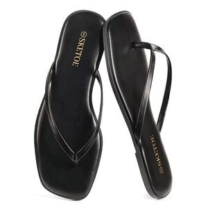 Women Square Toe Leather Flip Flops Lightweight Flat Thong Sandals Summer